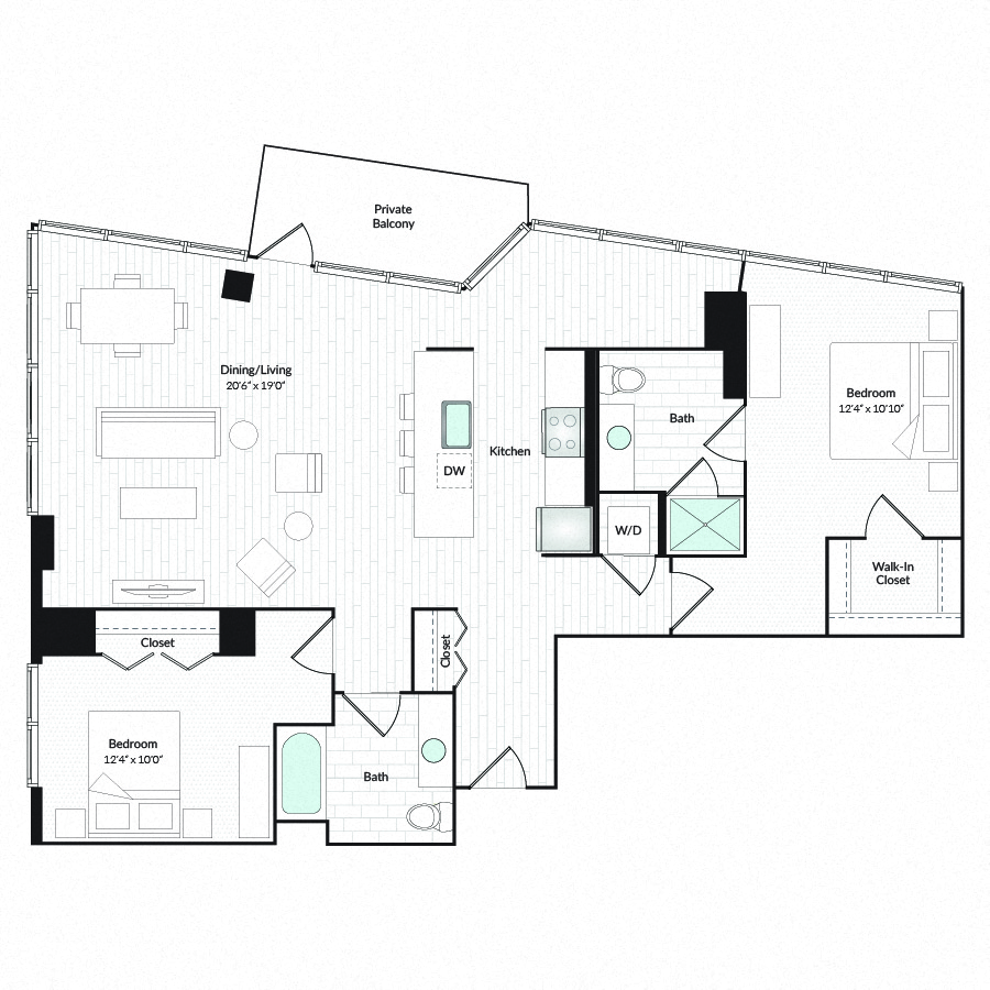 Floor plan for 2 beds, 2 baths, 1368 sqft